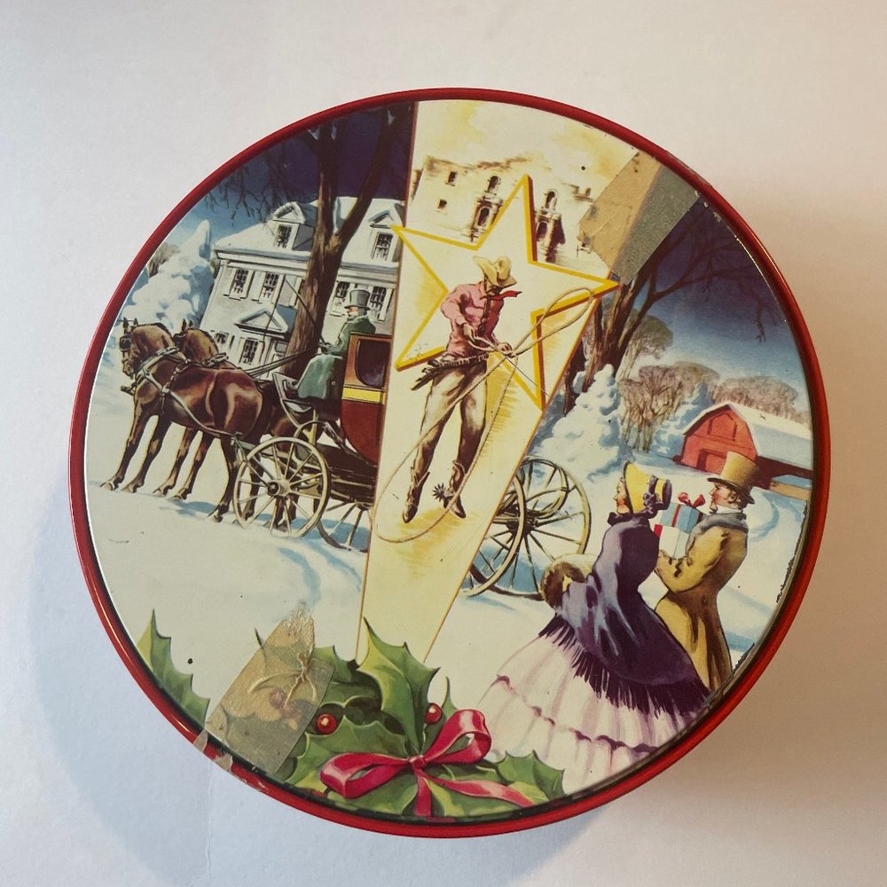 Collectible Collin Street Bakery Fruit Cake Tin, Cowboy Western Christmas 7”